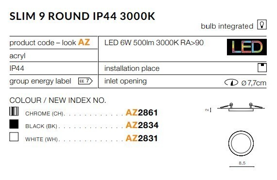 Oprawa wpuszczana łazienkowa IP44 3000K SLIM 9 chrom AZ2861 - Azzardo - obrazek 2