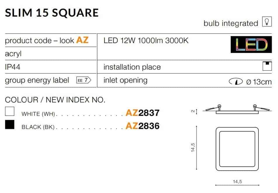 Oprawa wpuszczana łazienkowa SLIM 15 Square 4000K IP44 AZ4378 - Azzardo - obrazek 2