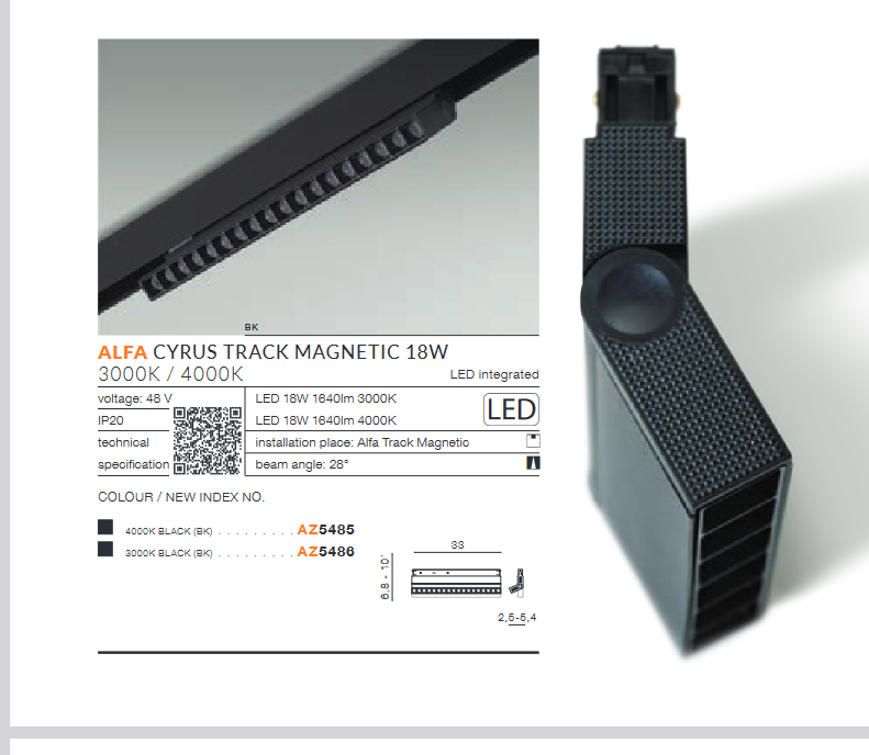 Lampa do szyn ALFA CYRUS TRACK MAGNETIC 18W 4000K BK AZ5486 - AZzardo
