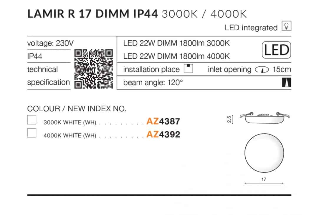Oprawa podstropowa Lamir R 17 4000K DIMM AZ4392 AZZARDO