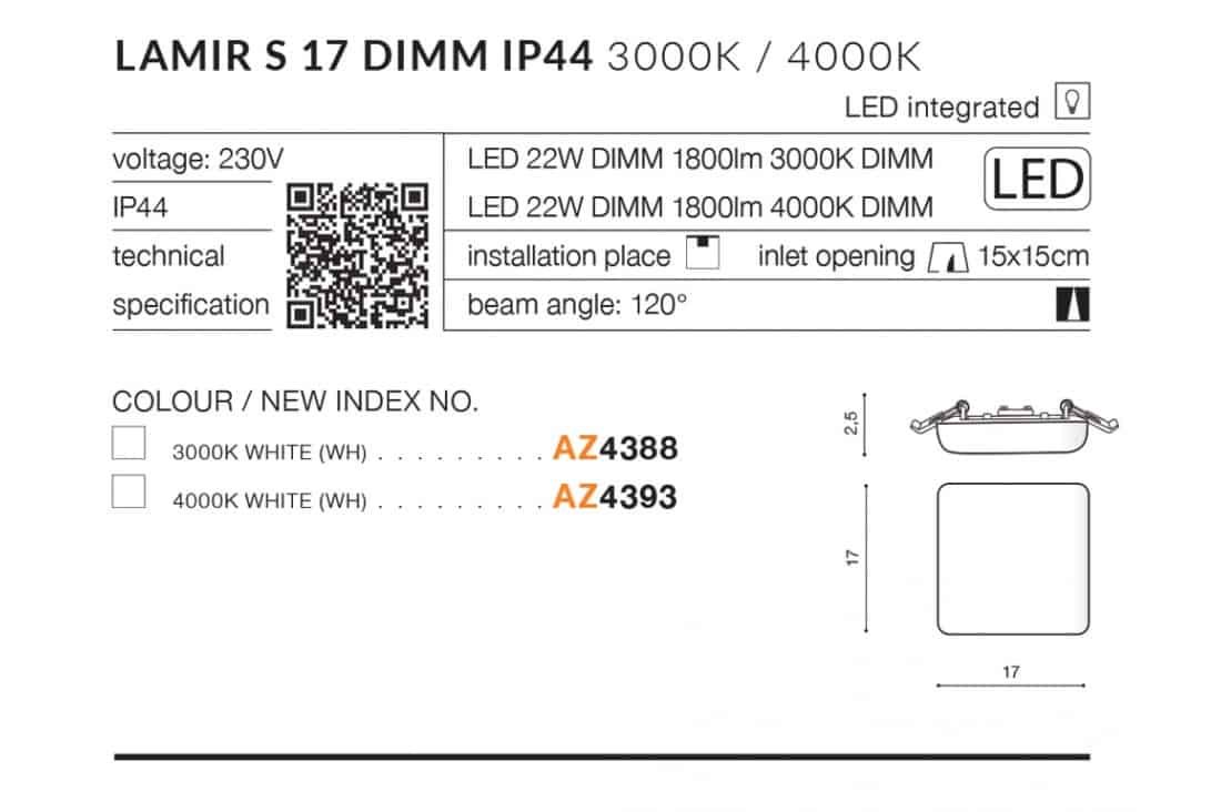 Oprawa podstropowa Lamir S 17 3000K DIMM AZ4388 AZZARDO