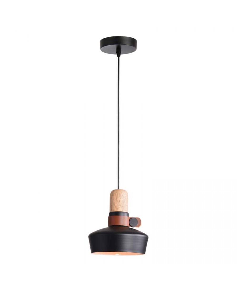1990 PENDANT LIGHT 1XE27 BLACK WOOD LEATHER Zambelis Lights
