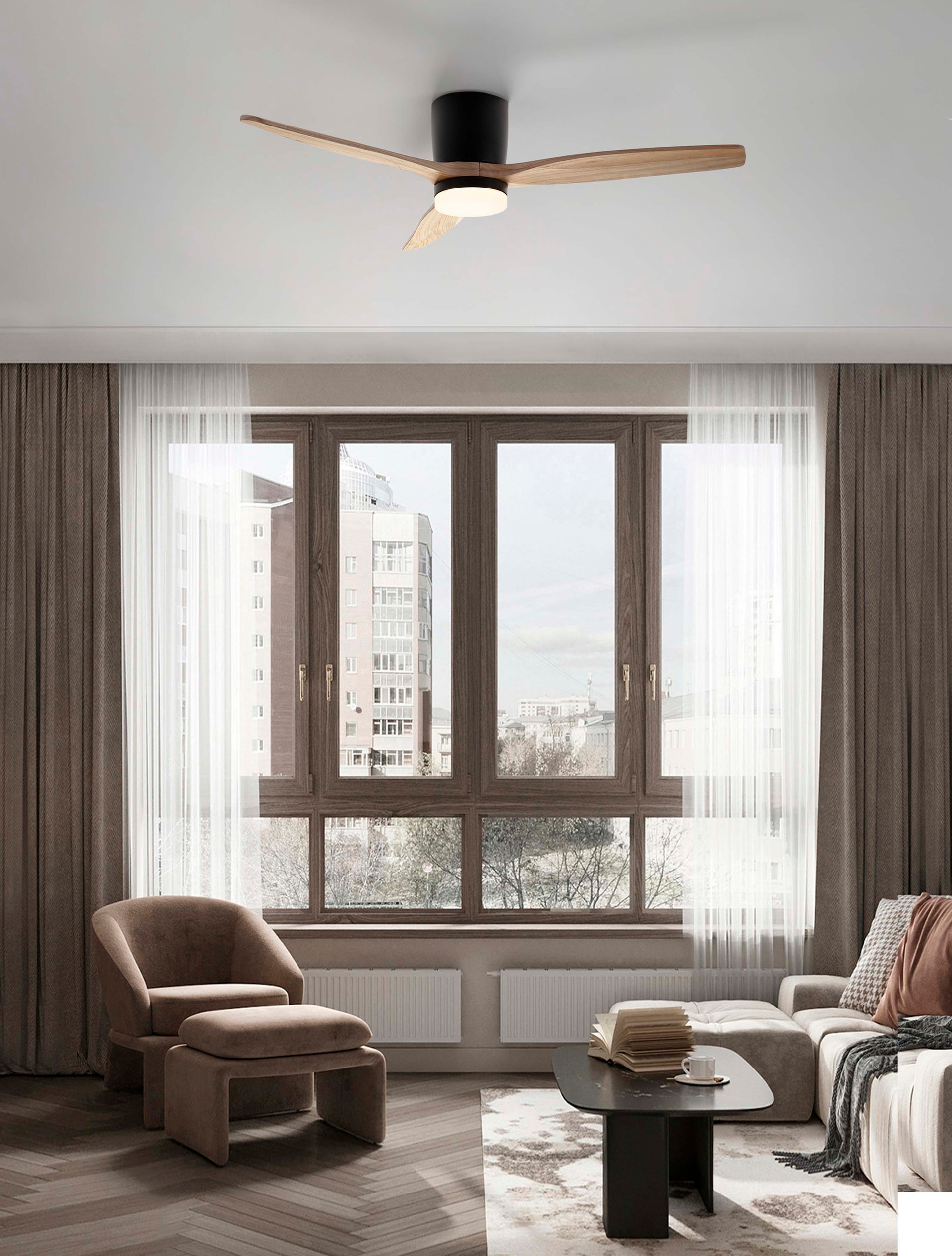 Wentylator sufitowy z oświetleniem nowoczesny Luces Exclusivas GUARAYOS, czarny / dąb, LED 18 W, Ø 132 cm – LE44964